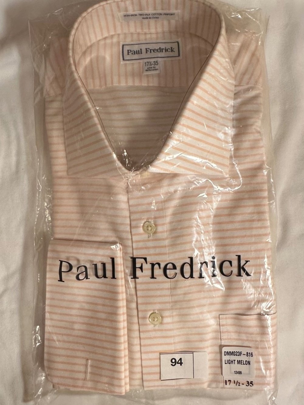 Paul Fredrick, 17 ½-35; light melon stripes , slim fit men's dress shirt